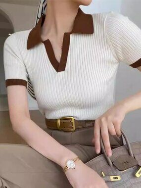 Summer Patchwork French Style Polo Women's T-shirts 2026 New Short Sleeve